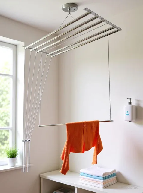 Ceiling-mounted pulley cloth hanger in a utility room